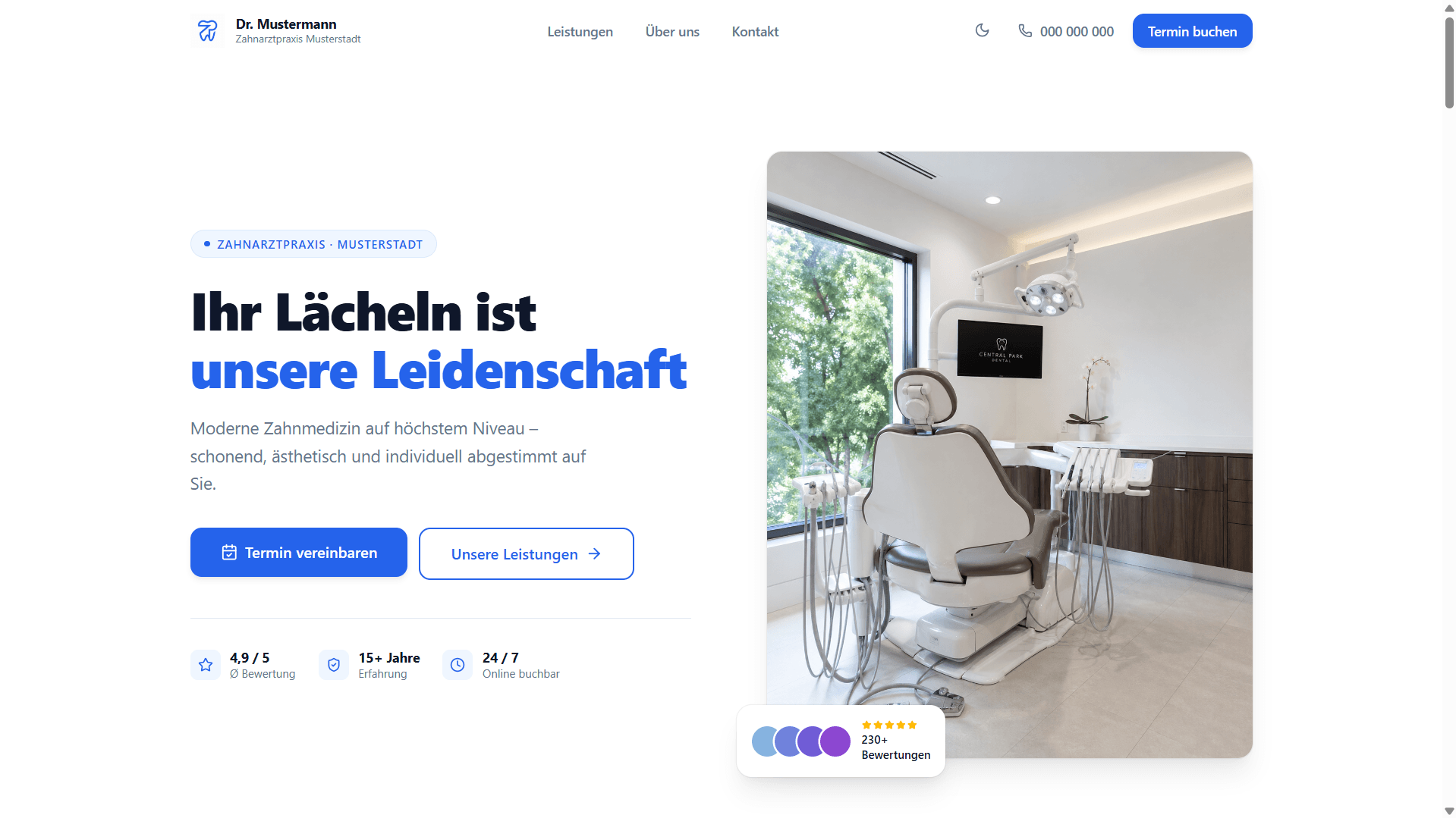 Hero-Section der Zahnarztpraxis Landing Page