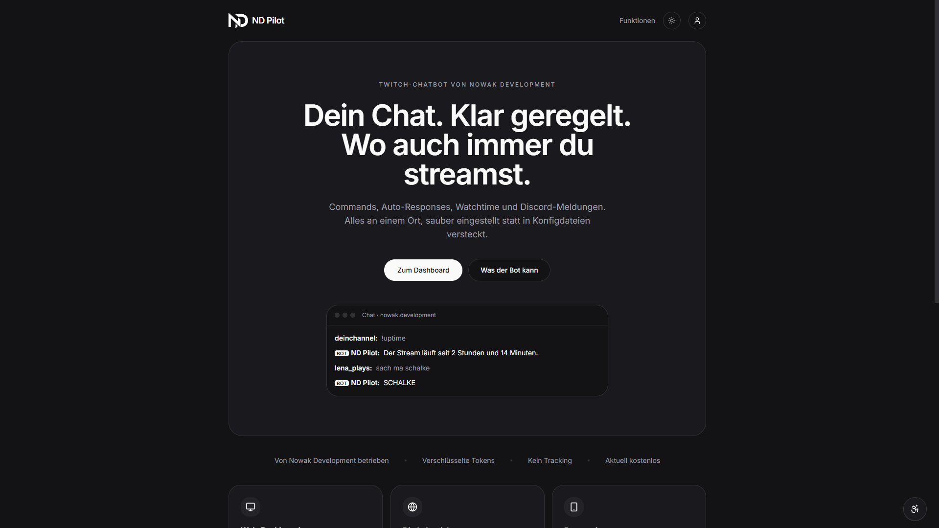 Landingpage von ND Pilot mit Claim und Chat-Vorschau
