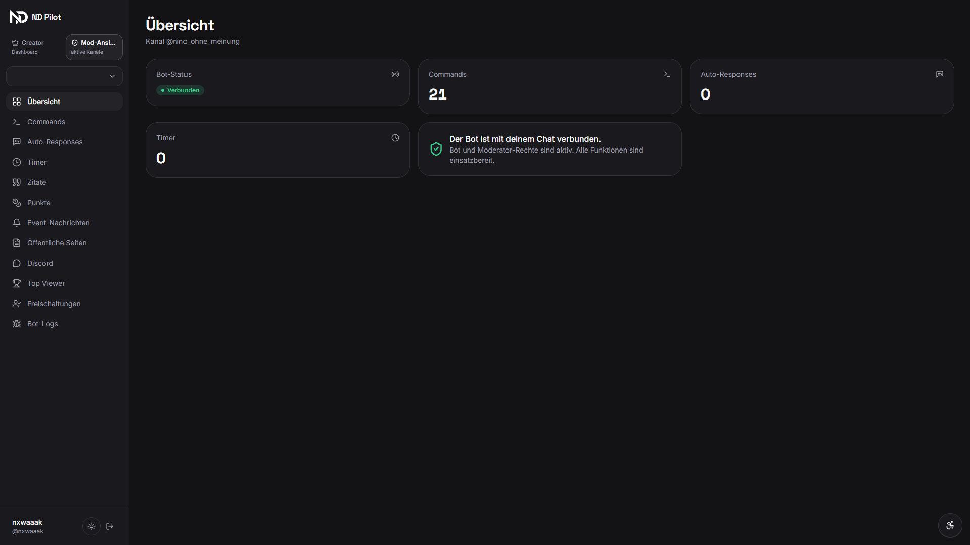 Dashboard-Übersicht von ND Pilot mit Bot-Status und Kennzahlen eines Kanals